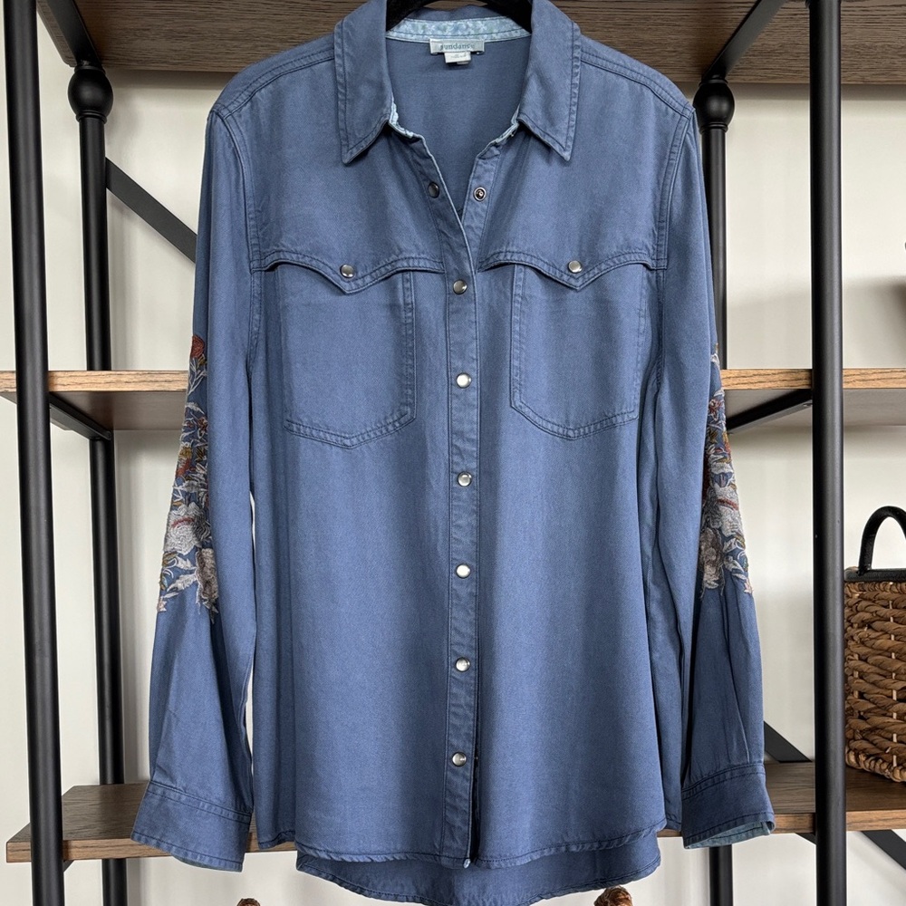 Sundance Blue Embroidered Sleeve Button-Front Shirt - Picture 2 of 9